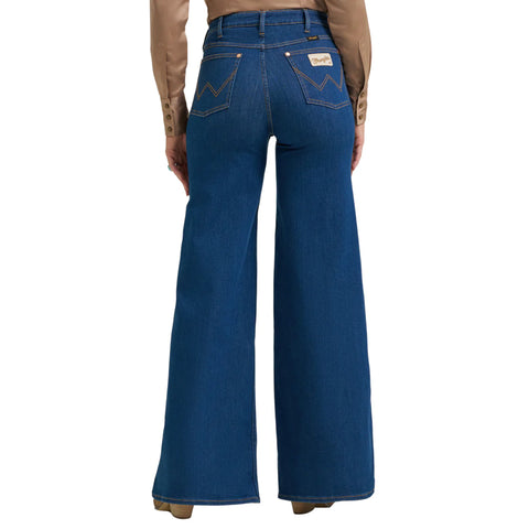 women's dark wash flare jeans with stitched W on back pockets
