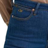 women's dark wash flare jeans with LW stitched in front pocket