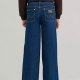 Back view of the jeans, golden/brown stitching on the pockets with the Wrangler "W" and brown Wrangler patch on the pockets 