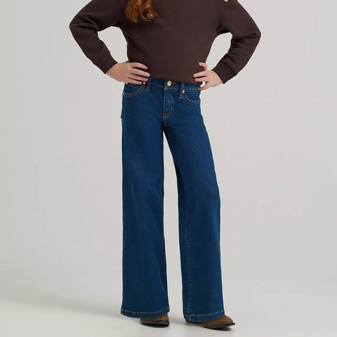 Full view of the front of the jeans, dark blue color and wide leg fit.