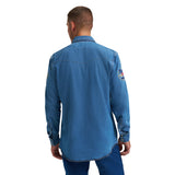 Back of Wrangler x Coors denim shirt with classic yoke stitching and faded wash detail