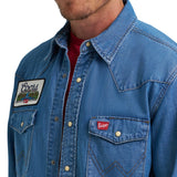 Wrangler x Coors denim shirt showing chest pockets, snap buttons, and logo embroidery