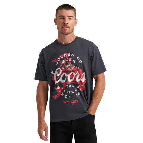 Black Wrangler x Coors tee with bronc rider graphic on chest, styled for Western casual wear