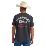 Back of Wrangler x Coors tee featuring bold “Served Everywhere” graphic and co-branded beer and denim heritage design