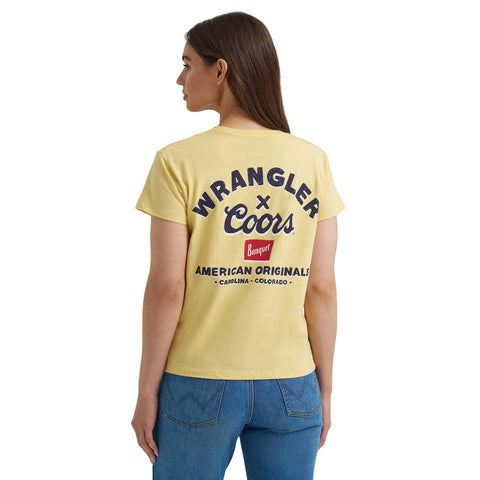 Close-up of Coors trail graphic on yellow Wrangler women’s T-shirt with Western-inspired design