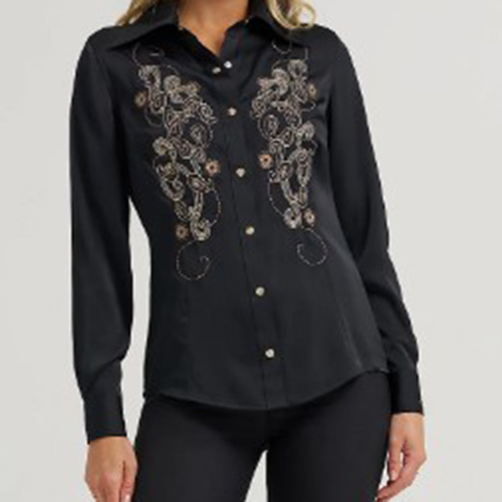 Black Satin Embroidered Shirt with Pearl Snaps- Front View