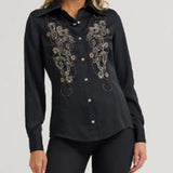 Black Satin Embroidered Shirt with Pearl Snaps- Front View