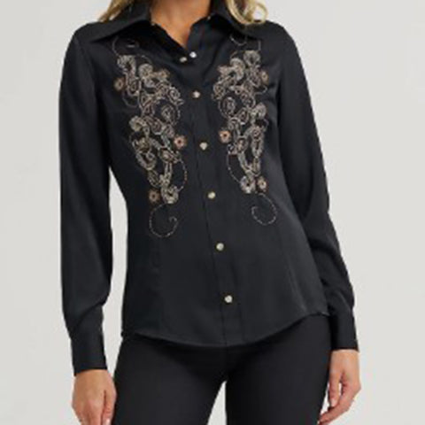 Black Satin Embroidered Shirt with Pearl Snaps- Front View