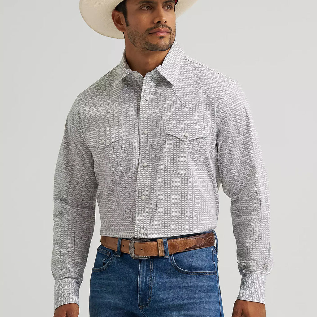 White and grey geometric print long sleeve shirt with double chest pockets.