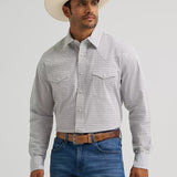 White and grey geometric print long sleeve shirt with double chest pockets.