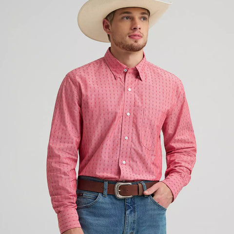 Faded red diamond printed long sleeve button down shirt.