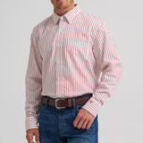 Red and white striped long sleeve button down shirt with one front chest pocket on the left side. 