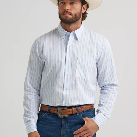 Light blue and white striped long sleeve button down shirt with one single left chest pocket. 