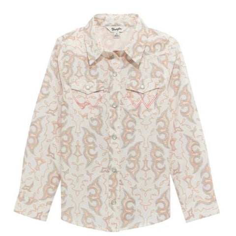 White and Coral Boot Stitch Print Pearl Snap Long Sleeve