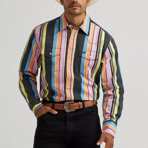 Long sleeve pearl snap shirt with vintage style neon stripes. Shirt features double chest pockets and western yokes. 
