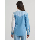 Women's Wrangler Snap Front Denim Shirt in Mis Matched Pieces Back View