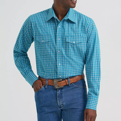 Teal and white plaid long sleeve pearl snap shirt with double chest snap pockets. 