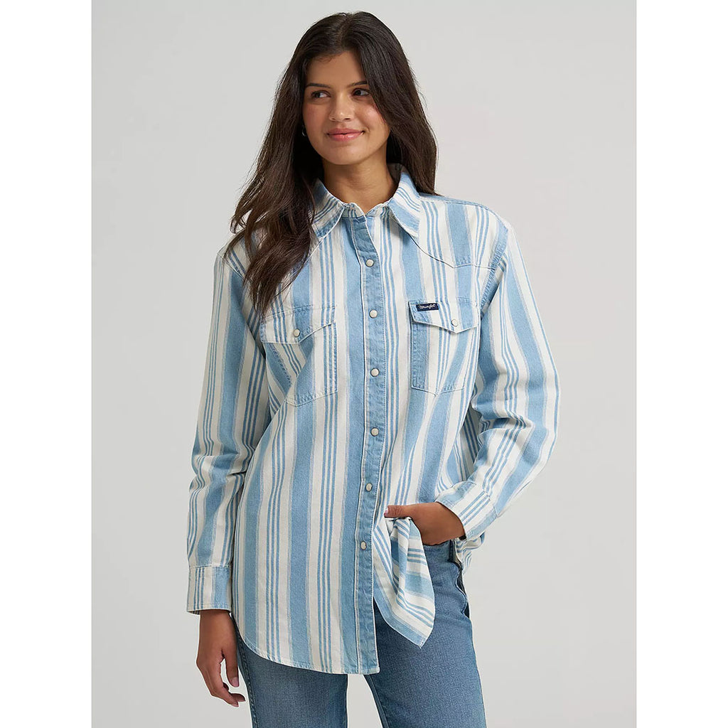 Wrangler Ladies Retro Punchy Boyfriend Blue Denim Snap Shirt