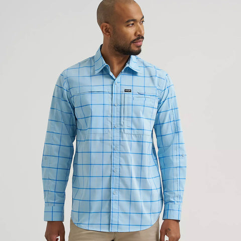 Light and dark blue plaid long sleeve button down shirt.