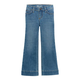 Front view of a light wash pair of girls trouser jeans.