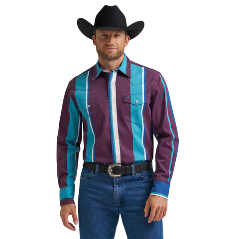 men's long sleeve purple & teal shirt with snap front