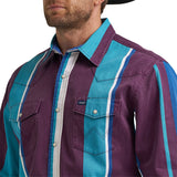 men's long sleeve purple & teal shirt with snap front and spread collar