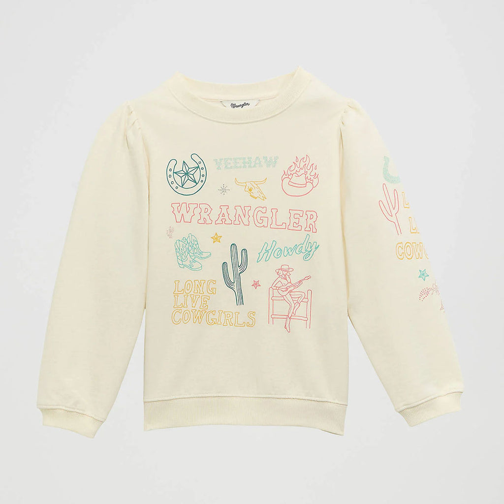 Girl’s Graphic Puff Sleeve Pullover – White