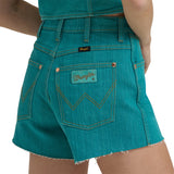 Wrangler Women's x Lainey Wilson 3.5" Turquoise High-Rise Cowboy Cut-Off Jean Shorts back pocket view 