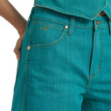 Wrangler Women's x Lainey Wilson 3.5" Turquoise High-Rise Cowboy Cut-Off Jean Shorts front pocket view
