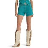 Wrangler Women's x Lainey Wilson 3.5" Turquoise High-Rise Cowboy Cut-Off Jean Shorts
