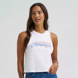 Model wearing Wrangler Women’s Happy Birthday America Cropped Tank Top, showing bold patriotic graphic and cropped fit.