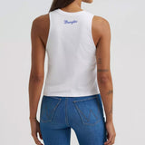 Back view of model wearing Wrangler Women’s Happy Birthday America Cropped Tank Top, showing Wrangler Logo
