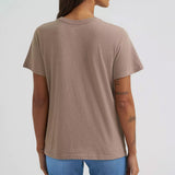 Back view of model wearing Wrangler Women’s Desert Landscape Scene Tee, showing clean and relaxed fit.