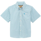 Blue and White Geo Print Button up Short Sleeve Shirt on White Background