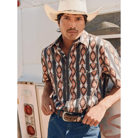 Model Wearing a Wrangler Men's Checotah Black Aztec Short Sleeve Shirt