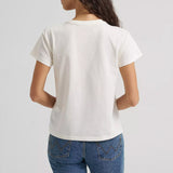 “Back view of a model wearing the Wrangler women’s Bronc Rodeo Giddy Up tee, showing the plain back with no graphic, soft fabric, and relaxed Western fit.
