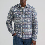 Full front side view of Wrangler Men's Navy Southwest Aztec Print Long Sleeve 