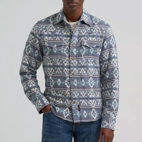 Full front side view of Wrangler Men's Navy Southwest Aztec Print Long Sleeve 