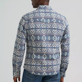 Full back side view of Wrangler Men's Navy Southwest Aztec Print Long Sleeve 