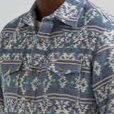 Close up front side of Wrangler Men's Navy Southwest Aztec Print Long Sleeve 