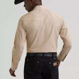 Wrangler khaki chambray Western snap shirt with long sleeves back view.