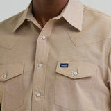 Wrangler khaki chambray Western snap shirt close up.