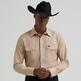 Wrangler khaki chambray Western snap shirt with long sleeves.