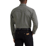 Back view of a model wearing the Wrangler black and gray Brushpopper long sleeve shirt, showing the full stripe pattern, Western yoke detail, and comfortable fit.