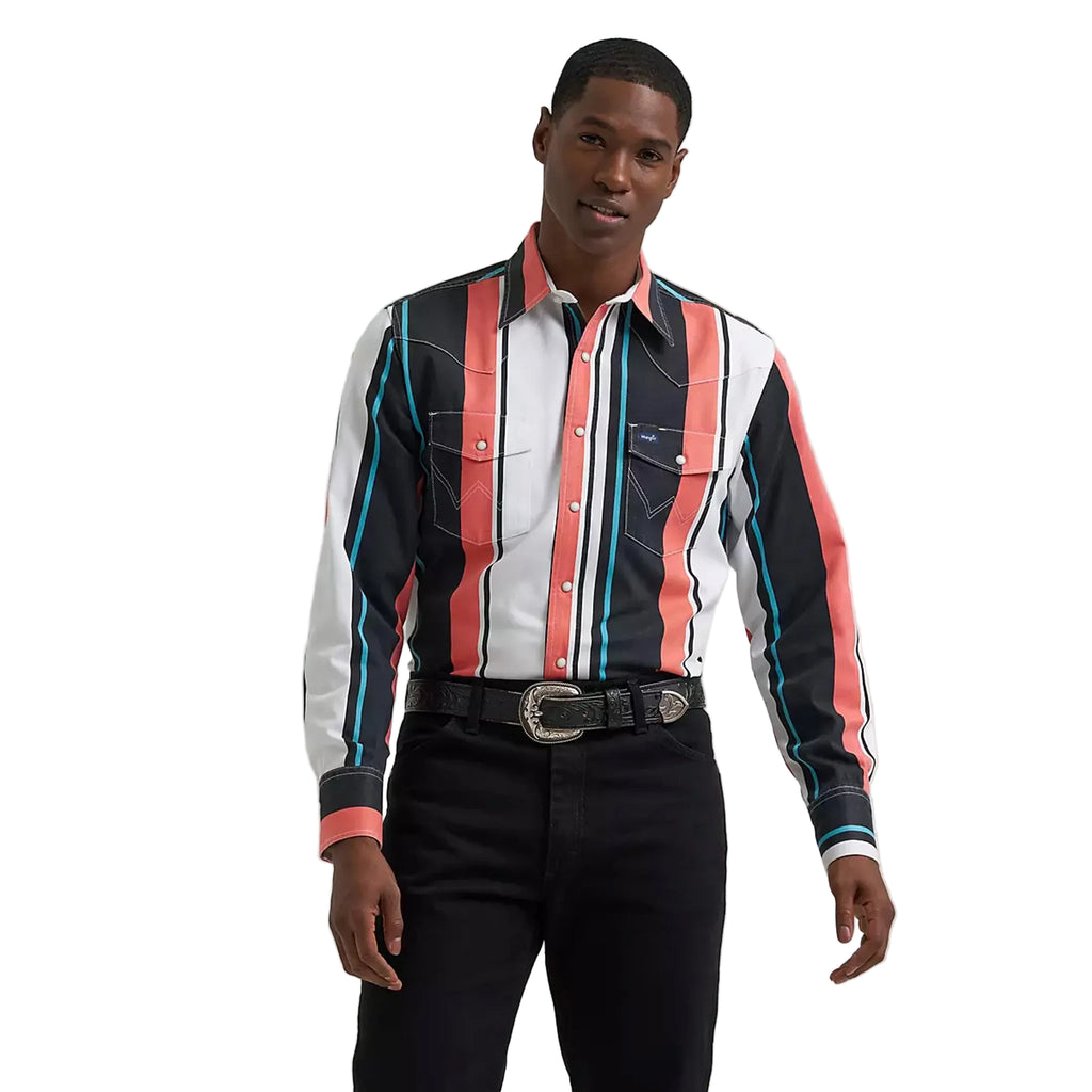 Model wearing the Wrangler men’s coral multi striped Brushpopper long sleeve Western shirt, front view showing the bold stripe pattern, snap placket, and classic fit.
