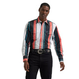 Model wearing the Wrangler men’s coral multi striped Brushpopper long sleeve Western shirt, front view showing the bold stripe pattern, snap placket, and classic fit.