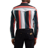 Back view of a model wearing the Wrangler coral multi striped Brushpopper long sleeve shirt, showing the full stripe pattern, Western yoke detail, and comfortable fit.