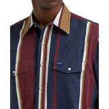 Close‑up of the Wrangler men’s vintage navy multi striped Western shirt, showing the textured cotton fabric, snap details, and retro stripe design.