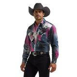 Model wearing the Wrangler Men’s Vintage Southwestern long sleeve shirt, front view showing the geometric Southwestern pattern, snap placket, and classic Western fit.