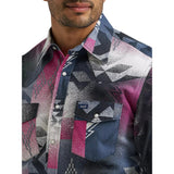 Close‑up of the Wrangler Men’s Vintage Southwestern long sleeve shirt, showing the geometric pattern, snap details, and textured cotton fabric.